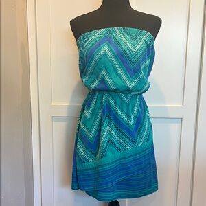 Express Strapless Blue and Green Chevron Dress